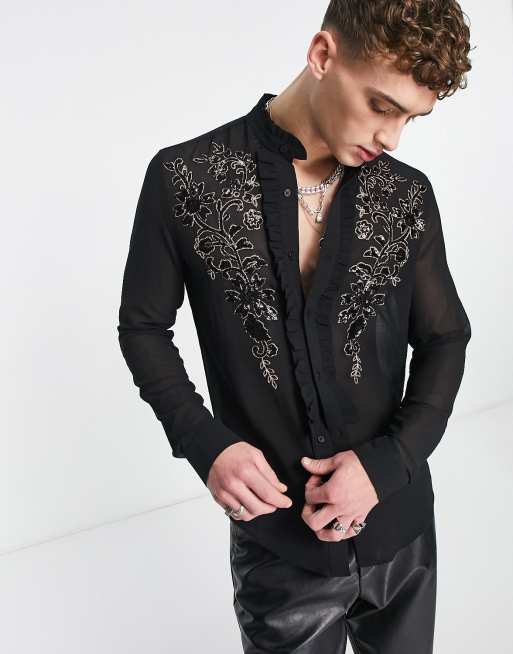 ASOS DESIGN - Regular-fit doorschijnend overhemd met geborduurde lovertjes in zwart