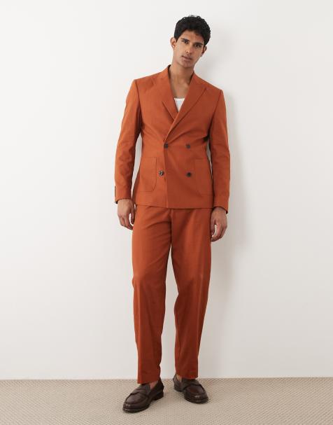 ASOS DESIGN - Regular-fit double breasted pak van katoen met linnenlook in gebrand oranje - view 1