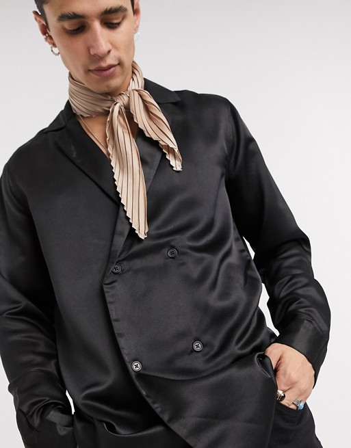 ASOS DESIGN regular fit double breasted satin shirt in black