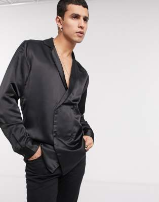 ASOS DESIGN regular fit double breasted satin shirt in black