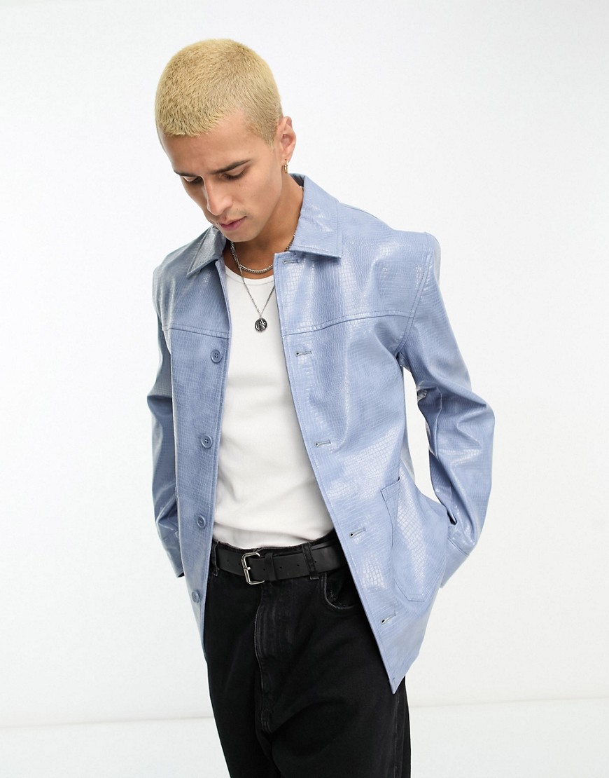 ASOS DESIGN regular fit faux croc leather jacket in blue