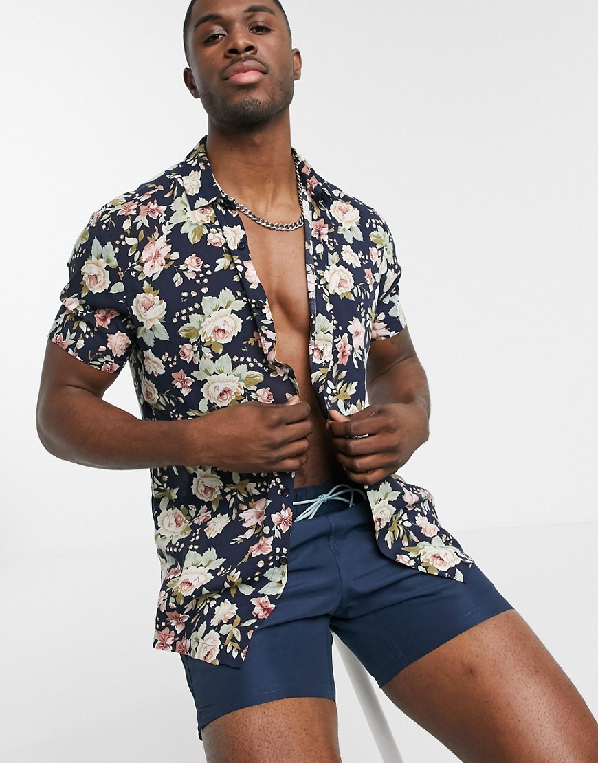 ASOS DESIGN regular fit floral shirt in navy