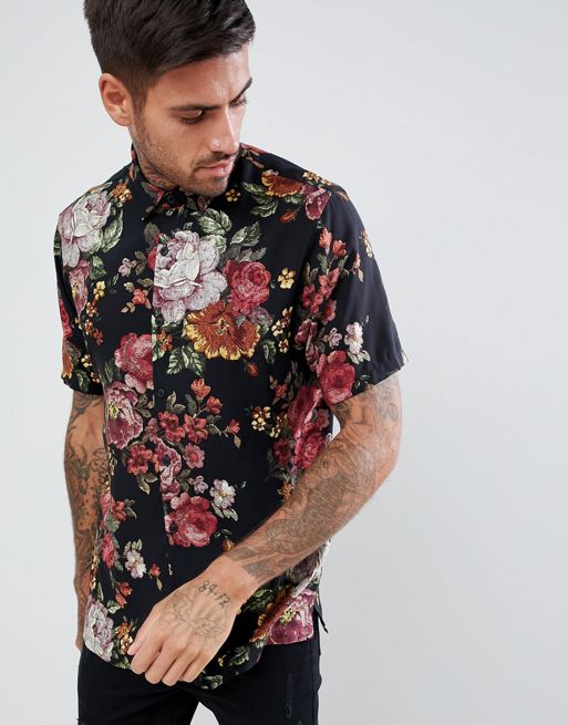 ASOS DESIGN Regular Fit Floral Tapestry Style Shirt In Black, $13