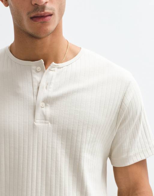 ASOS DESIGN - Regular-fit geribbeld T-shirt van zware stof met Henley-hals in beige, 3 van 7