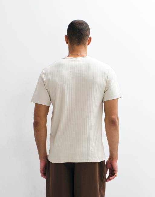 ASOS DESIGN - Regular-fit geribbeld T-shirt van zware stof met Henley-hals in beige, 5 van 7