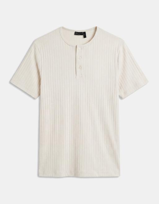 ASOS DESIGN - Regular-fit geribbeld T-shirt van zware stof met Henley-hals in beige, 6 van 7