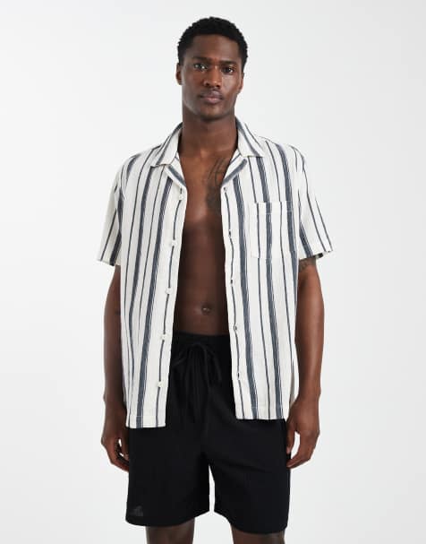 ASOS DESIGN - Regular-fit gestreept overhemd met reverskraag en textuur in crème en blauw - view 1