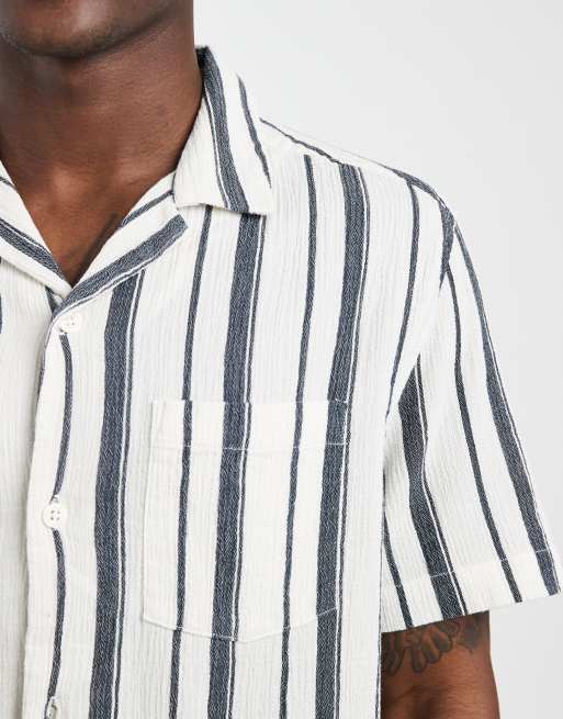 ASOS DESIGN - Regular-fit gestreept overhemd met reverskraag en textuur in crème en blauw, 5 van 5