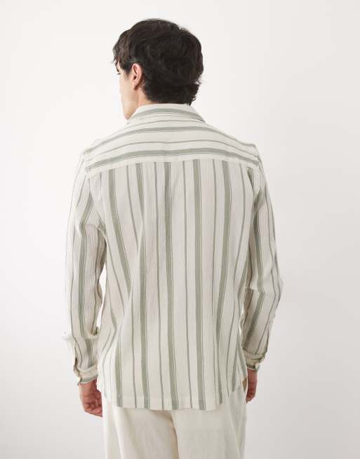 ASOS DESIGN - Regular-fit gestreept overhemd met reverskraag en textuur in crème en groen, 4 van 5