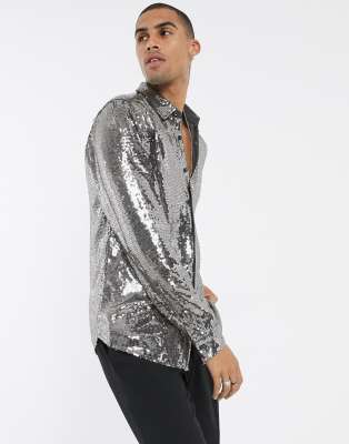 ASOS DESIGN regular fit glitzy sequin shirt in grey