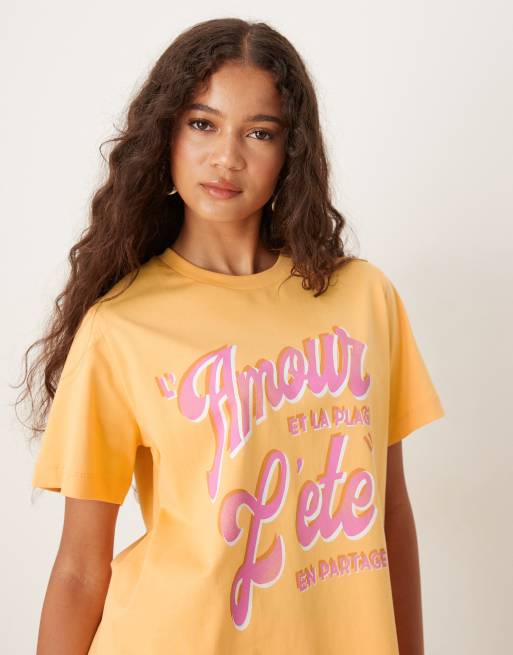 ASOS DESIGN regular fit graphic Amour L'ete t-shirt in orange, 4 of 4
