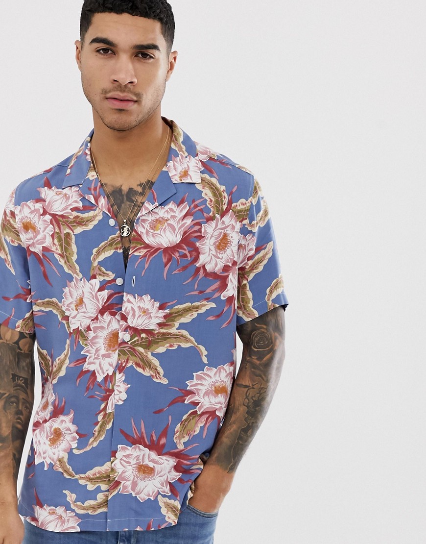 ASOS DESIGN regular fit hawaiian floral shirt in dusty blue