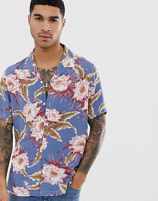 ASOS DESIGN regular fit hawaiian floral shirt in dusty blue | ASOS