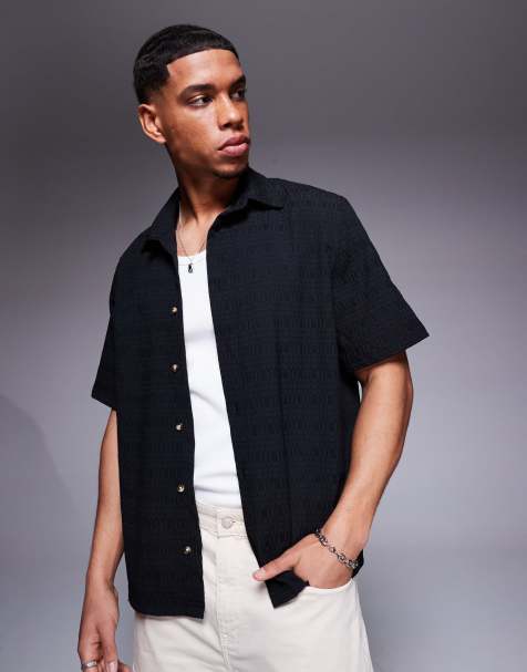 ASOS DESIGN - Regular-fit jacquard overhemd met halflange mouwen in zwart - view 1