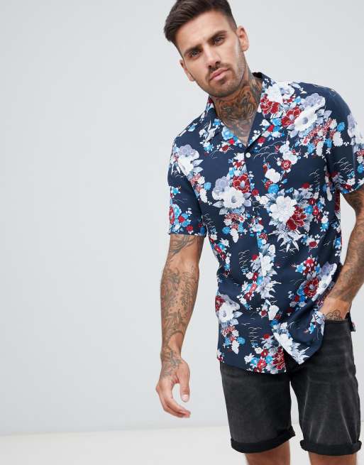 ASOS DESIGN regular fit japanese floral shirt in navy with revere ...