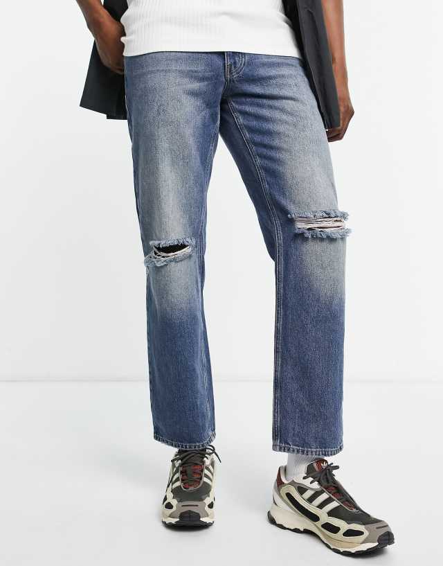 ASOS DESIGN regular fit jeans in tinted mid wash with rips