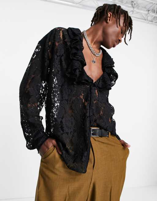 ASOS DESIGN - Regular-fit kanten overhemd met extreme ruches en open bij de borst