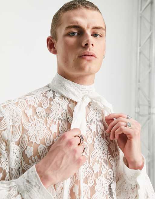 ASOS DESIGN - Regular-fit kanten overhemd met gestrikte hals in wit