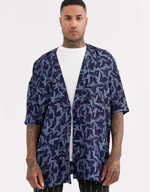 ASOS DESIGN - Regular-fit kimono in marineblauwe ooievaarsprint, 4 van 4