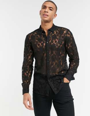 ASOS DESIGN regular fit lace shirt in black | ASOS