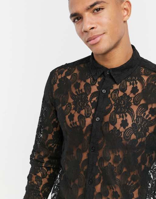 ASOS DESIGN regular fit lace shirt in black