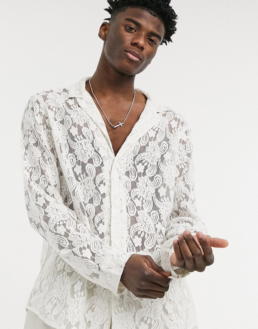 ASOS DESIGN regular fit lace shirt with camp collar in ivory-White