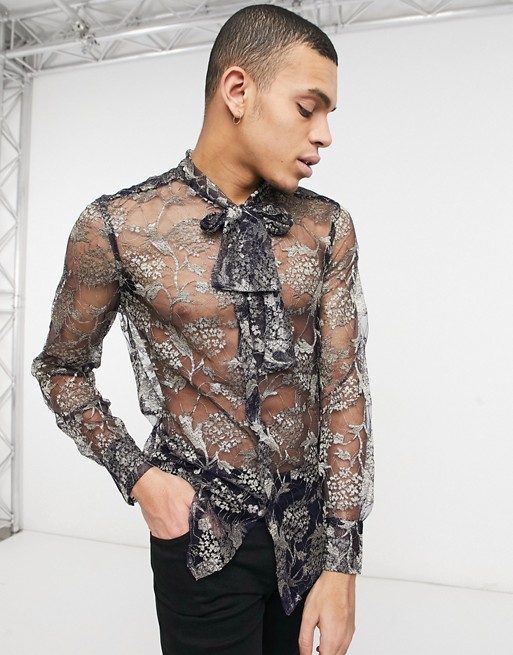ASOS DESIGN regular fit lace shirt with tie neck in blue and gold lace