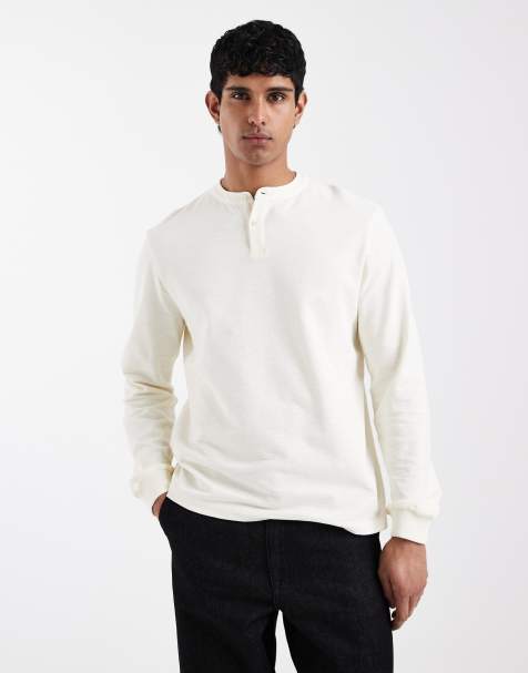 ASOS DESIGN – Regular-Fit-Langarmshirt in strukturiertem Cremeweiß mit Henley-Ausschnitt - view 1