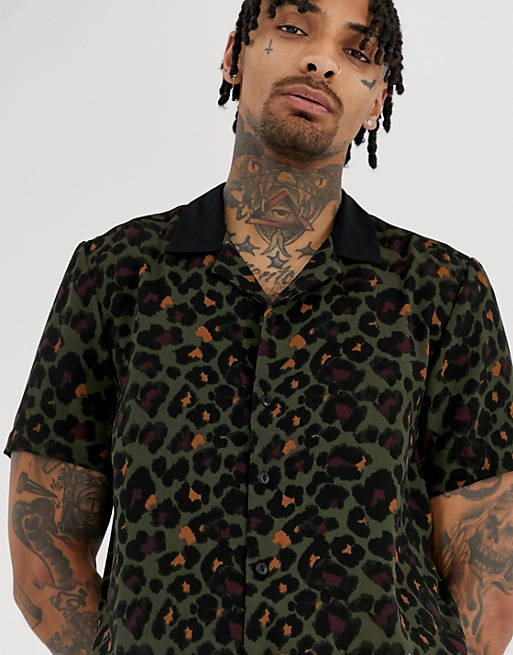 ASOS DESIGN regular fit leopard print shirt in khaki | ASOS