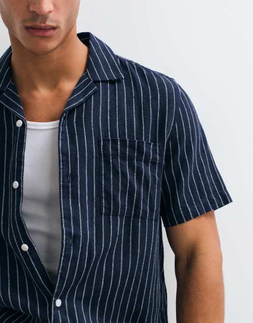 ASOS DESIGN regular fit linen-blend stripe shirt in navy, 3 of 5