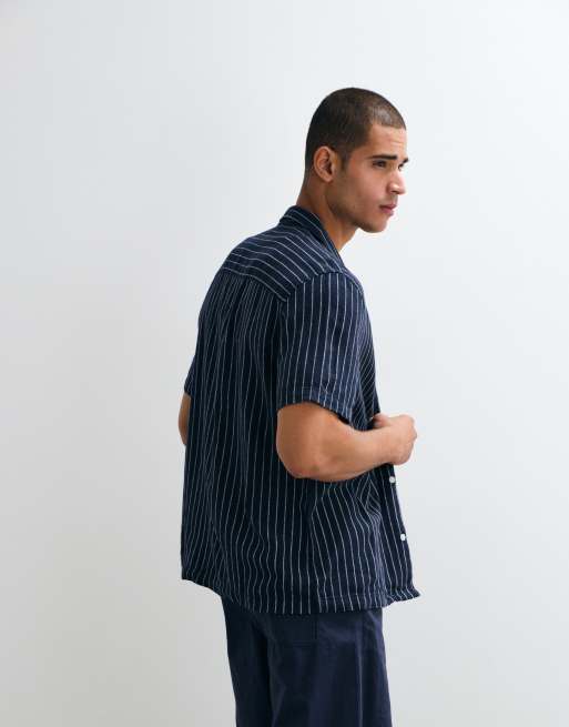 ASOS DESIGN regular fit linen-blend stripe shirt in navy, 4 of 5