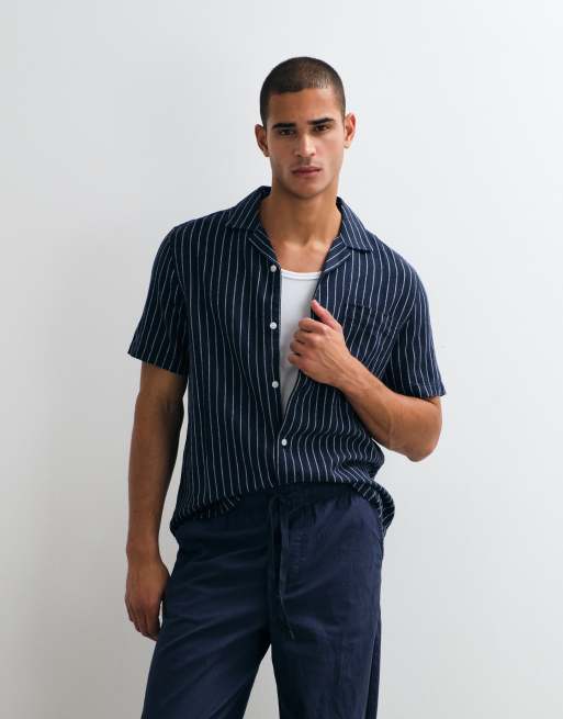 ASOS DESIGN regular fit linen-blend stripe shirt in navy, 5 of 5
