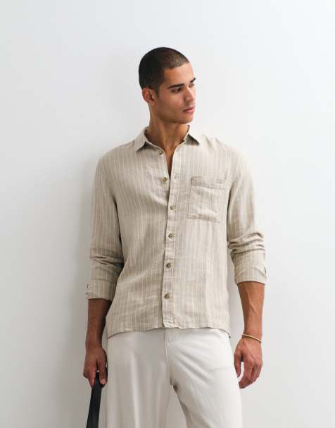 ASOS DESIGN regular fit linen blend striped shirt in beige - part of a set - view 1