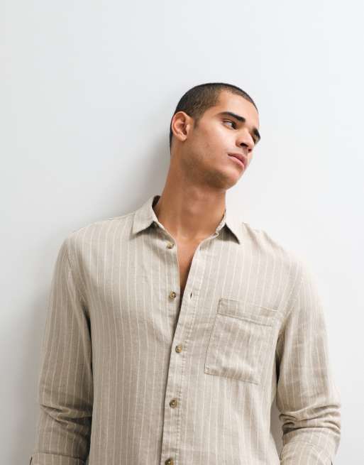 ASOS DESIGN regular fit linen blend striped shirt in beige - part of a set, 3 of 5