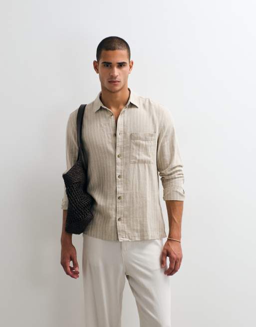 ASOS DESIGN regular fit linen blend striped shirt in beige - part of a set, 4 of 5