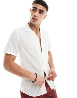 Asos Design Regular Fit Linen Look Roll Sleeve Revere Collar Shirt In White