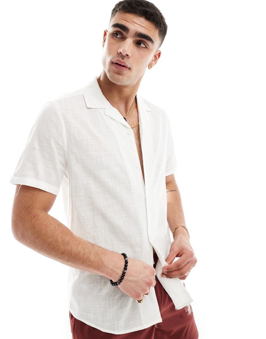 ASOS DESIGN regular fit linen look roll sleeve revere collar shirt in white