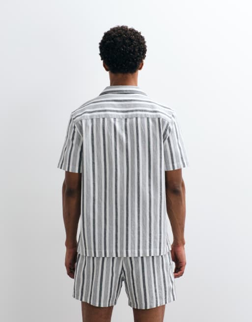 ASOS DESIGN regular fit linen look stripe shirt in black and white (part of a set), 5 of 9