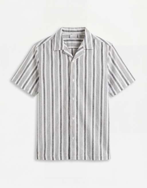 ASOS DESIGN regular fit linen look stripe shirt in black and white (part of a set), 6 of 9