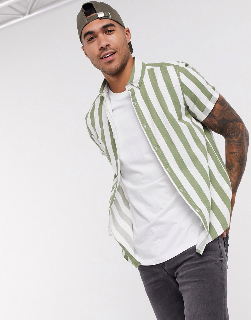 ASOS DESIGN regular fit linen shirt in green and white stripe