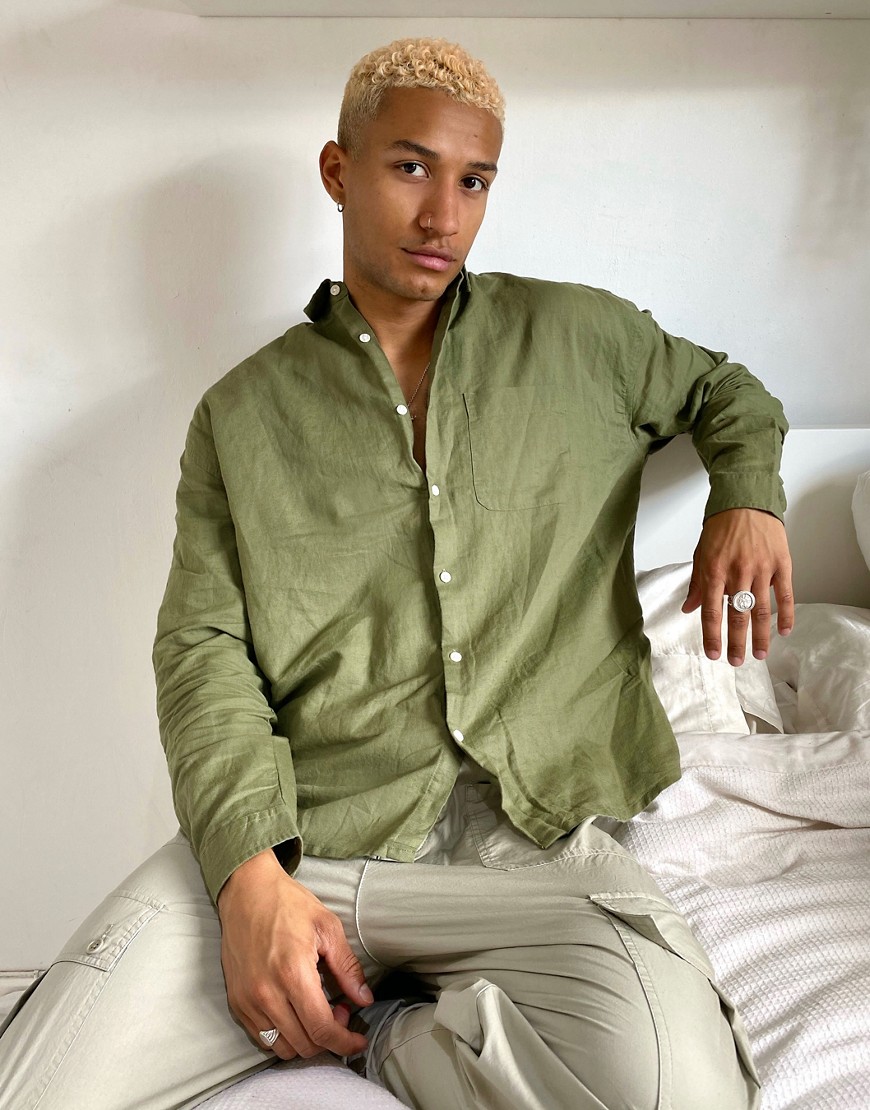ASOS DESIGN regular fit linen shirt in khaki-Green