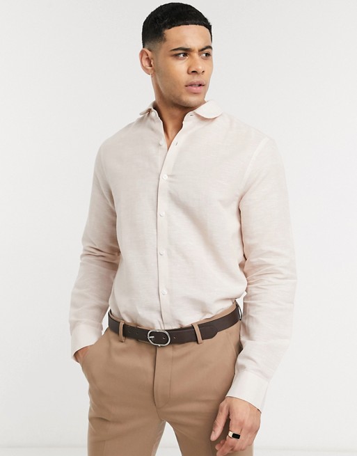 ASOS DESIGN regular fit linen shirt with penny collar in light pink