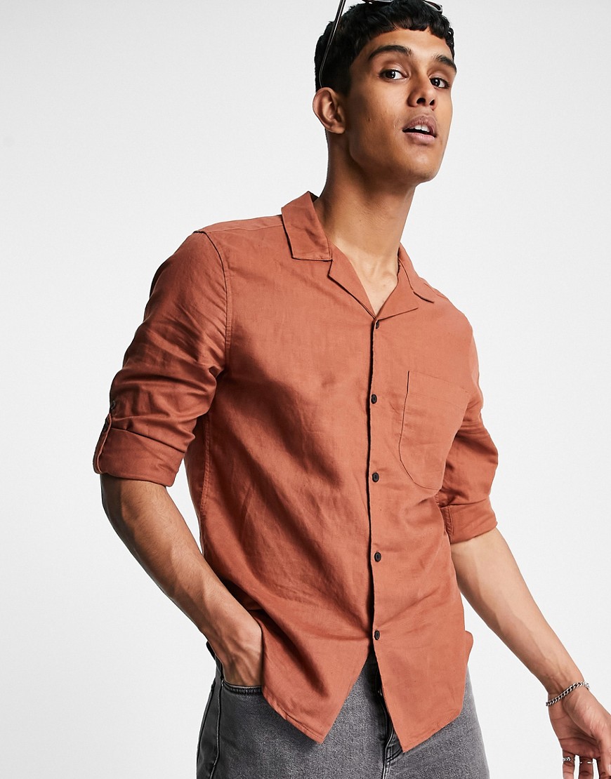 ASOS DESIGN regular fit linen shirt with revere collar and rolled sleeves in brown