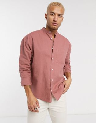 ASOS DESIGN - Regular-fit linnen overhemd zonder kraag in roze