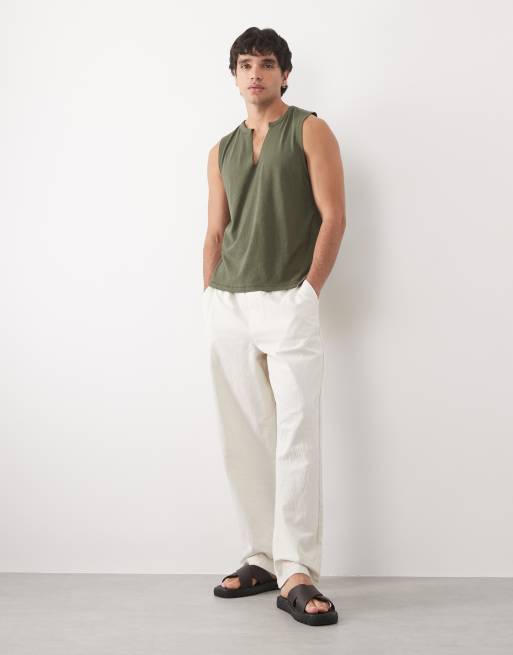 ASOS DESIGN - Regular-fit linnenmix tanktop met V-hals in donkergroen, 3 van 5