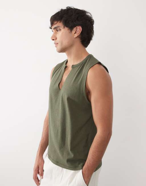 ASOS DESIGN - Regular-fit linnenmix tanktop met V-hals in donkergroen, 4 van 5