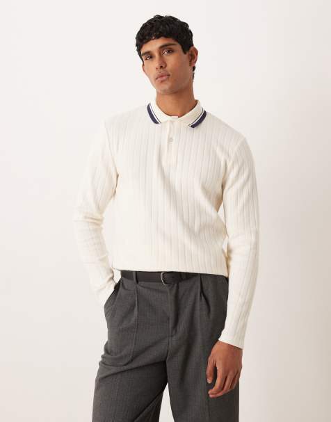 ASOS DESIGN regular fit long sleeve polo with textured fabric in ecru - view 1