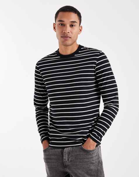 ASOS DESIGN regular fit long sleeve T-shirt in black and ecru stripe - view 1