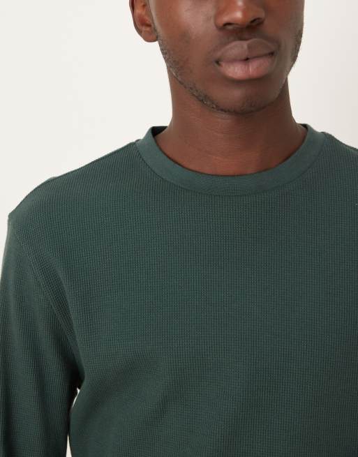 ASOS DESIGN regular fit long sleeve t-shirt in dark green waffle  , 5 of 5