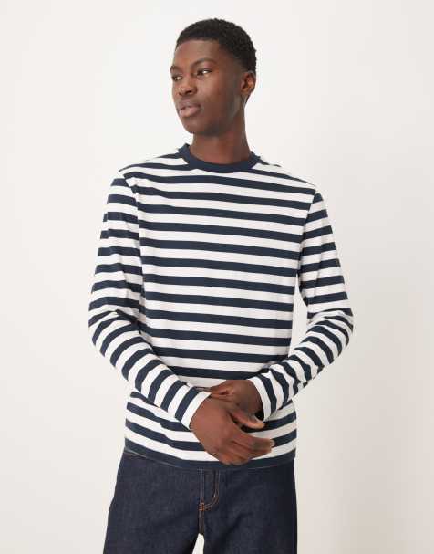 ASOS DESIGN regular fit long sleeve T-shirt in navy and white stripes - view 1